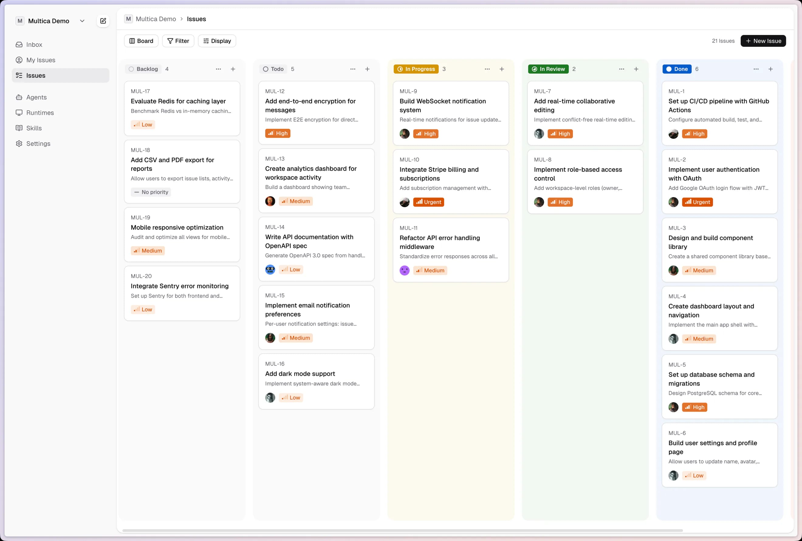 Multica board view — issues managed by humans and agents
